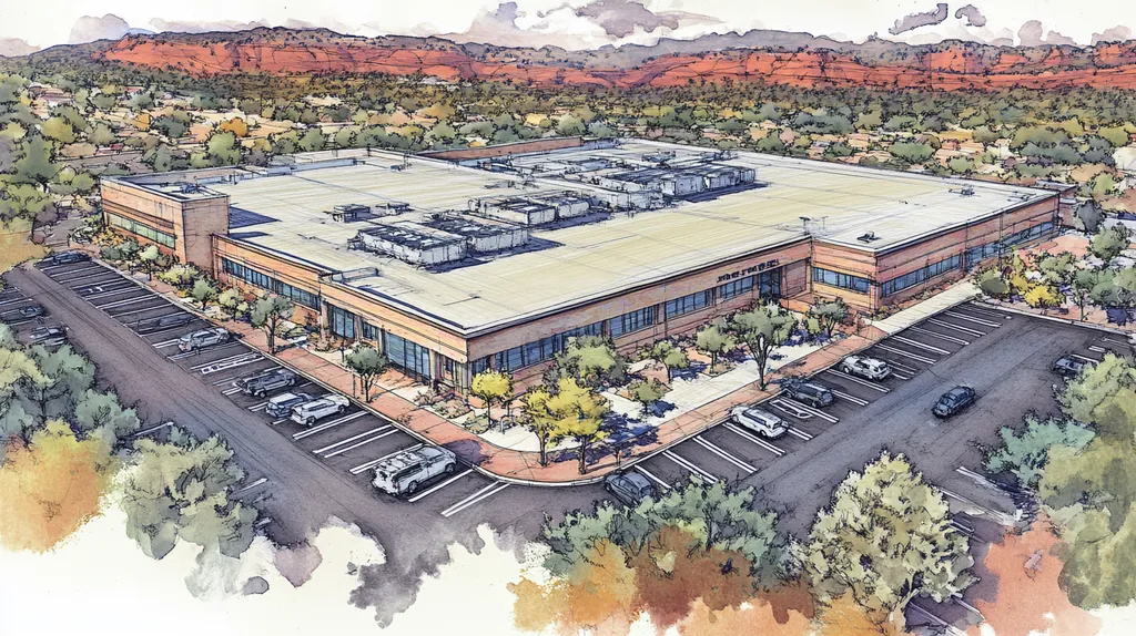 A commercial roof on a call center in a location similar to Sedona with a charcoal sketch aesthetic (AI image)