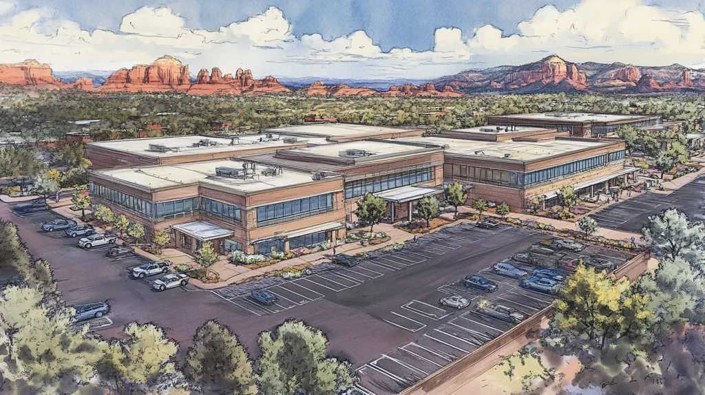 A commercial roof on a call center in a location similar to Sedona with a charcoal sketch aesthetic (AI image)