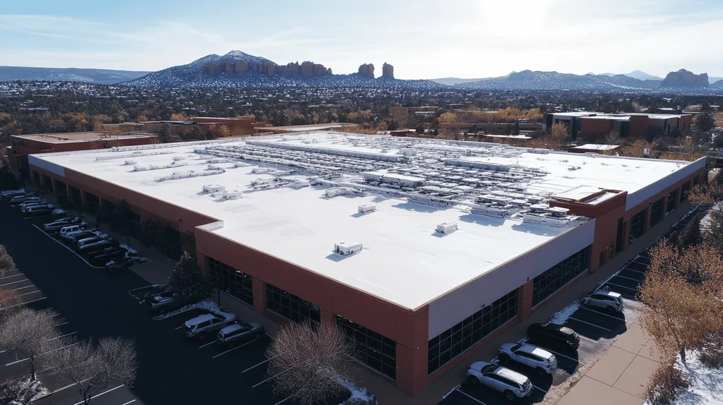A commercial roof on a call center in a location similar to Sedona with a snowy day aesthetic (AI image)