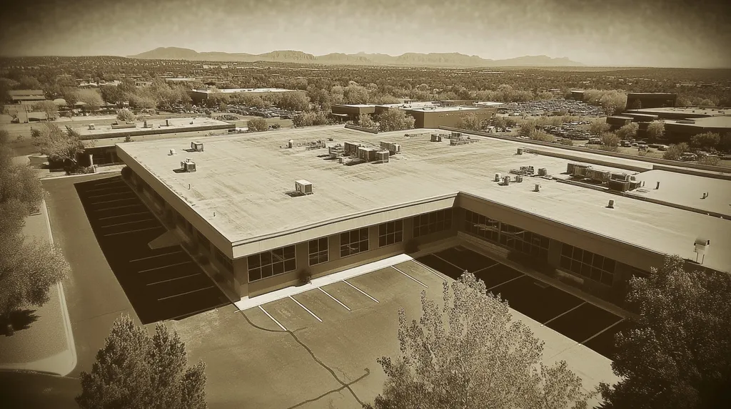 A commercial roof on a call center in a location similar to Sedona with a tintype aesthetic (AI image)
