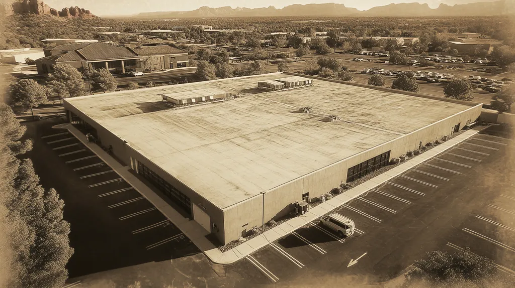 A commercial roof on a call center in a location similar to Sedona with a tintype aesthetic (AI image)