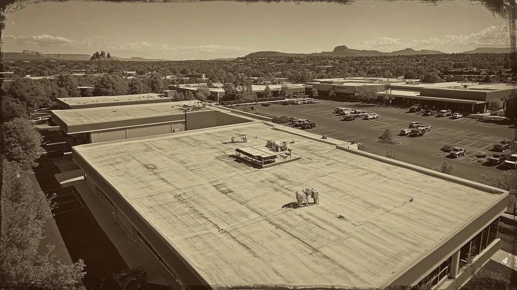 A commercial roof on a call center in a location similar to Sedona with a tintype aesthetic (AI image)