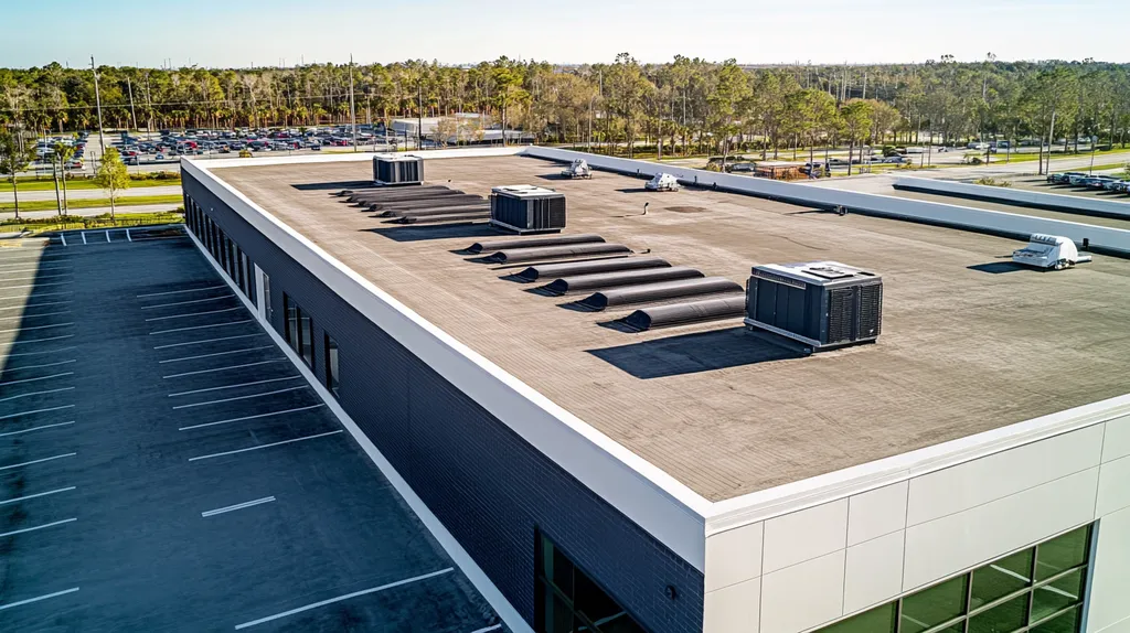 A commercial roof on a call center in a location similar to Tampa with an architectural photography aesthetic (AI image)