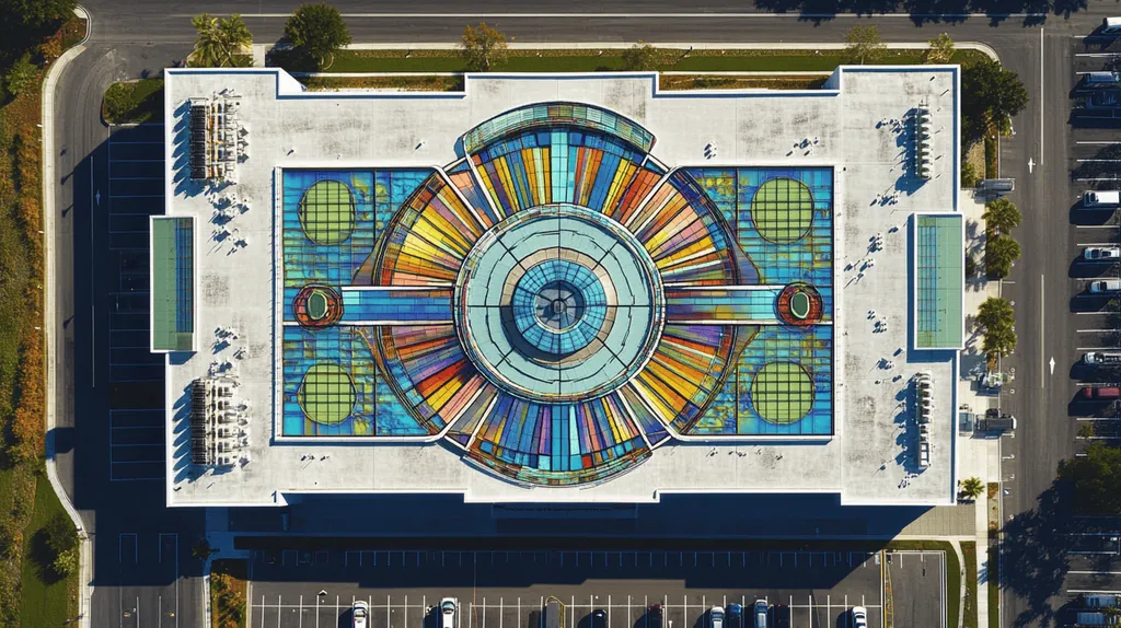 A commercial roof on a call center in a location similar to Tampa with a stained glass style aesthetic (AI image)