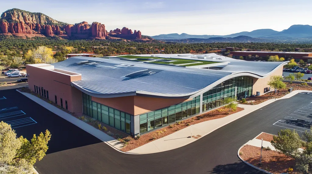 A commercial roof on a community recreation center in a location similar to Sedona with a futuristic aesthetic (AI image)