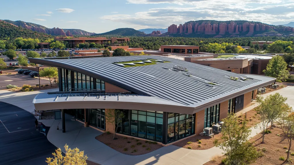 A commercial roof on a community recreation center in a location similar to Sedona with a futuristic aesthetic (AI image)