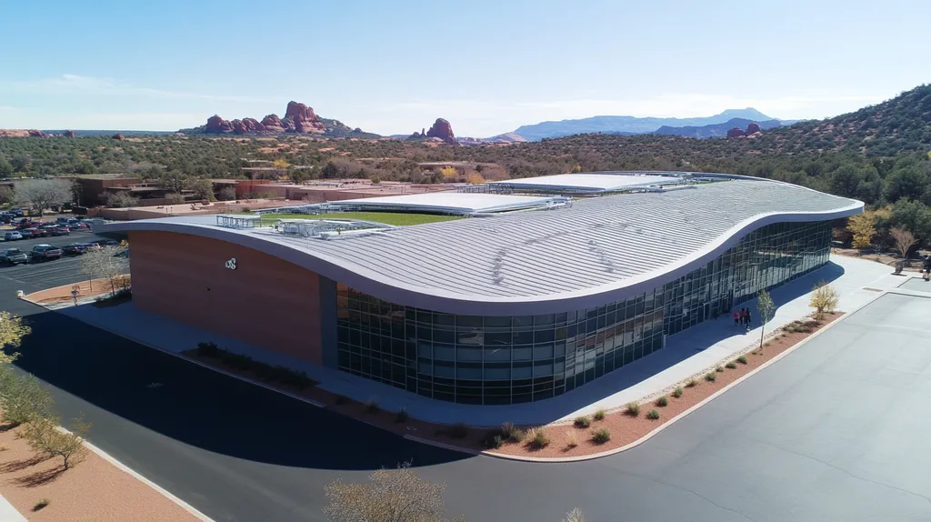 A commercial roof on a community recreation center in a location similar to Sedona with a futuristic aesthetic (AI image)