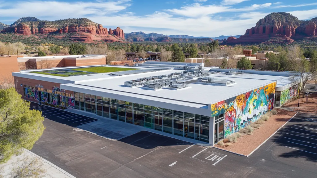 A commercial roof on a community recreation center in a location similar to Sedona with a graffiti mural aesthetic (AI image)