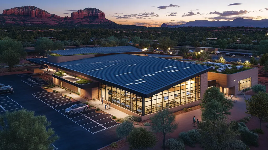 A commercial roof on a community recreation center in a location similar to Sedona with an illuminated nightscape aesthetic (AI image)