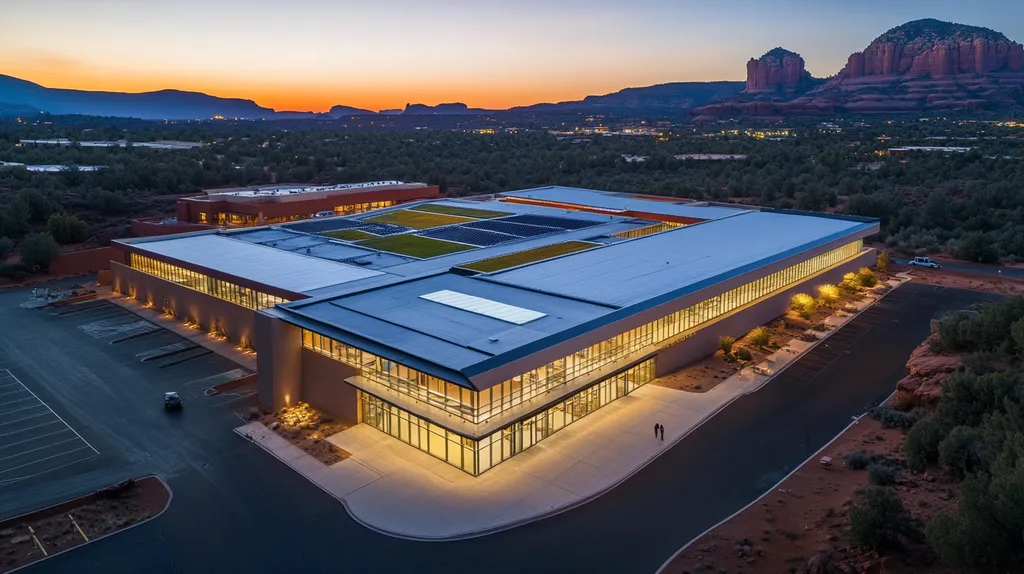 A commercial roof on a community recreation center in a location similar to Sedona with a illuminated nightscape aesthetic (AI image)