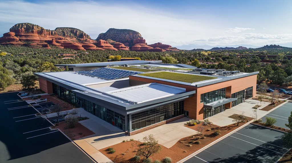 A commercial roof on a community recreation center in a location similar to Sedona with a light beams aesthetic (AI image)