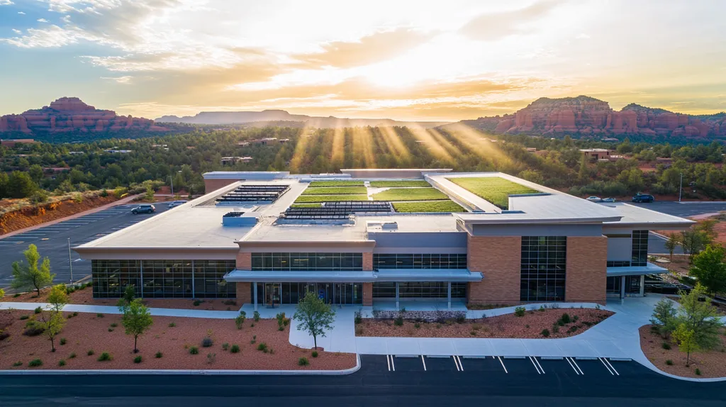 A commercial roof on a community recreation center in a location similar to Sedona with a light beams aesthetic (AI image)