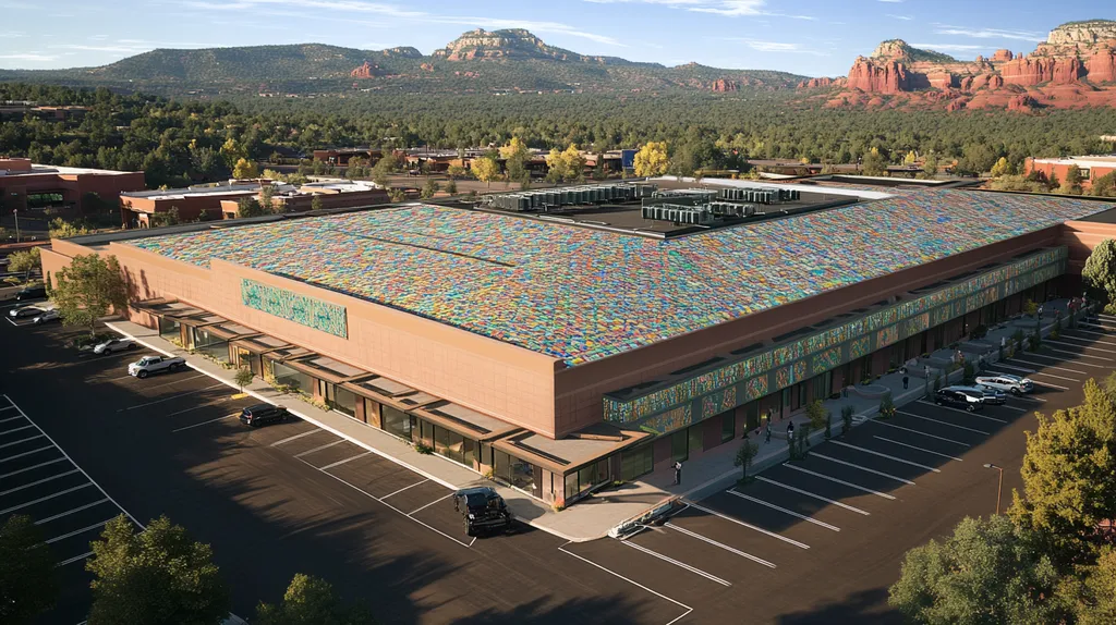 A commercial roof on a convention center in a location similar to Sedona with a mosaic tile art aesthetic (AI image)