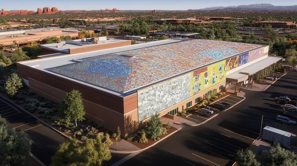 A commercial roof on a convention center in a location similar to Sedona with a mosaic tile art aesthetic (AI image)