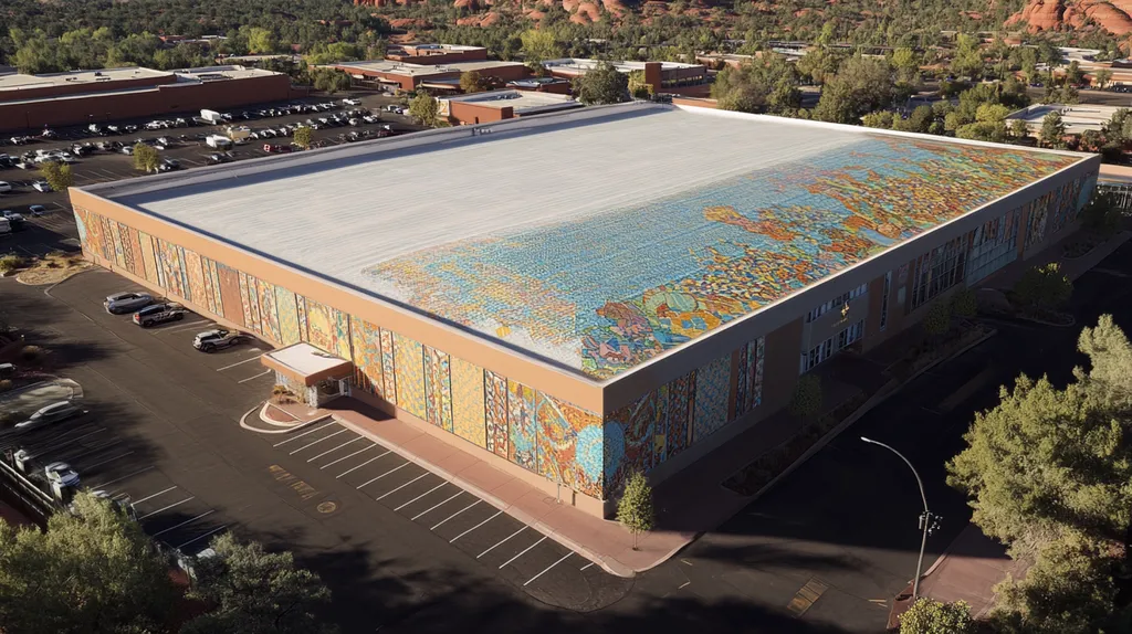 A commercial roof on a convention center in a location similar to Sedona with a mosaic tile art aesthetic (AI image)