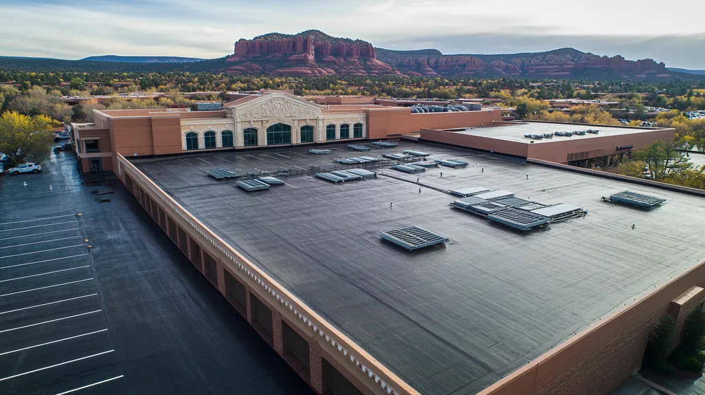 A commercial roof on a convention center in a location similar to Sedona with a rainy day aesthetic (AI image)