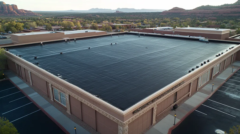 A commercial roof on a convention center in a location similar to Sedona with a rainy day aesthetic (AI image)