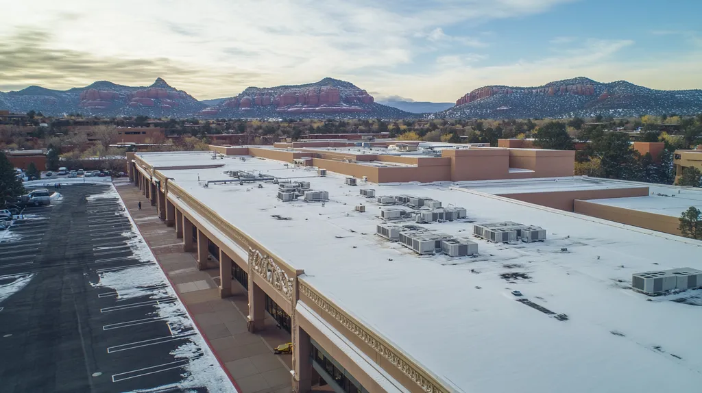 A commercial roof on a convention center in a location similar to Sedona with a snowy day aesthetic (AI image)