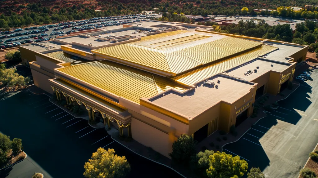A commercial roof on a convention center in a location similar to Sedona with a solid gold aesthetic (AI image)