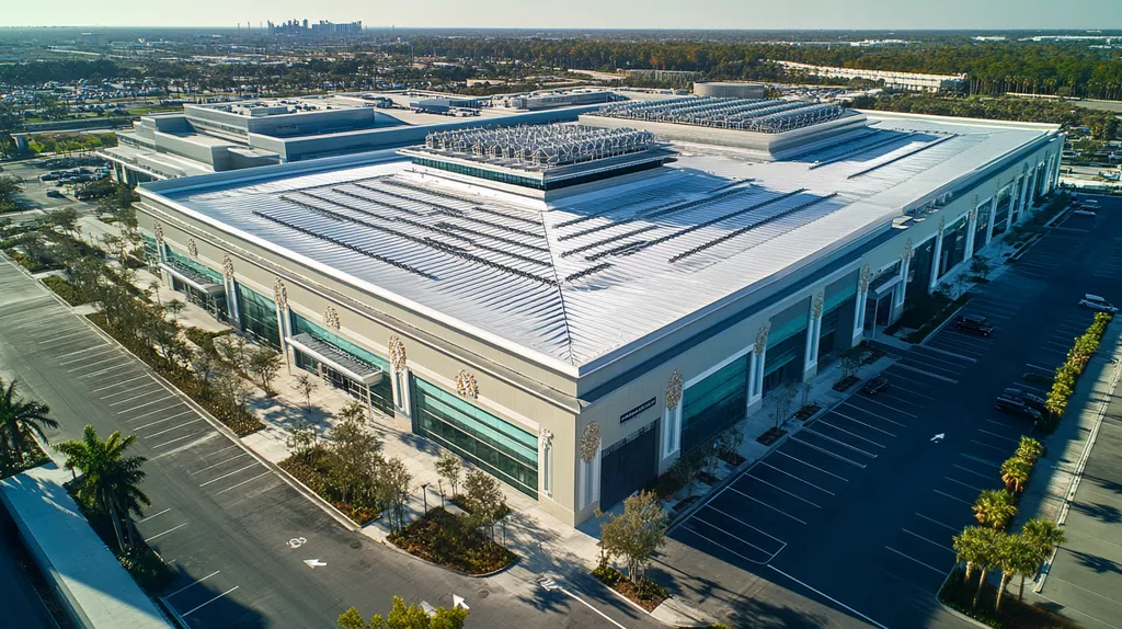 A commercial roof on a convention center in a location similar to Tampa with an architectural photography aesthetic (AI image)
