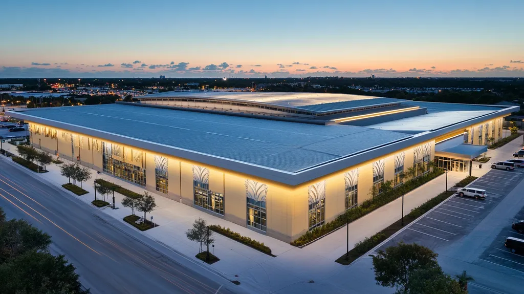 A commercial roof on a convention center in a location similar to Tampa with an illuminated nightscape aesthetic (AI image)