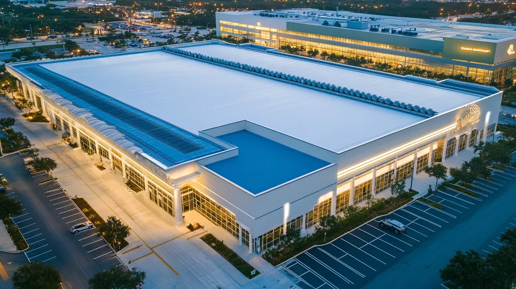 A commercial roof on a convention center in a location similar to Tampa with an illuminated nightscape aesthetic (AI image)