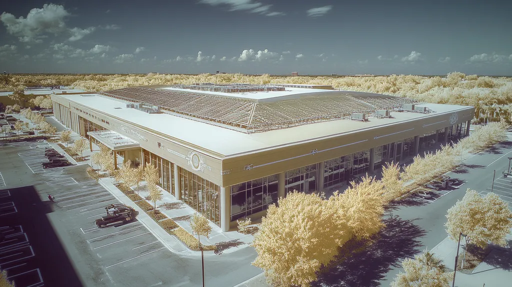A commercial roof on a convention center in a location similar to Tampa with an infrared photography aesthetic (AI image)