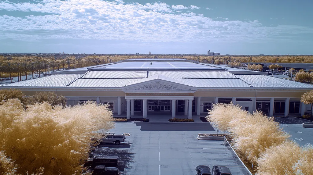 A commercial roof on a convention center in a location similar to Tampa with an infrared photography aesthetic (AI image)