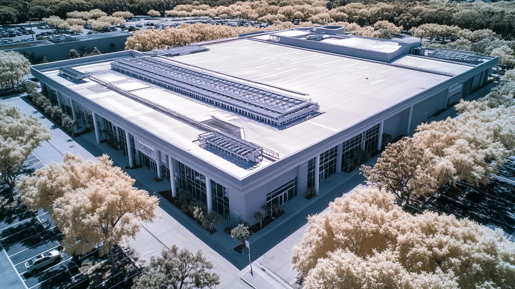 A commercial roof on a convention center in a location similar to Tampa with an infrared photography aesthetic (AI image)