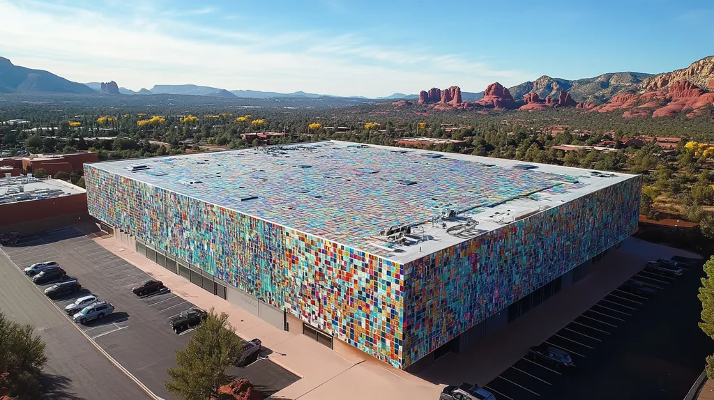 A commercial roof on a data center in a location similar to Sedona with a mosaic tile art aesthetic (AI image)