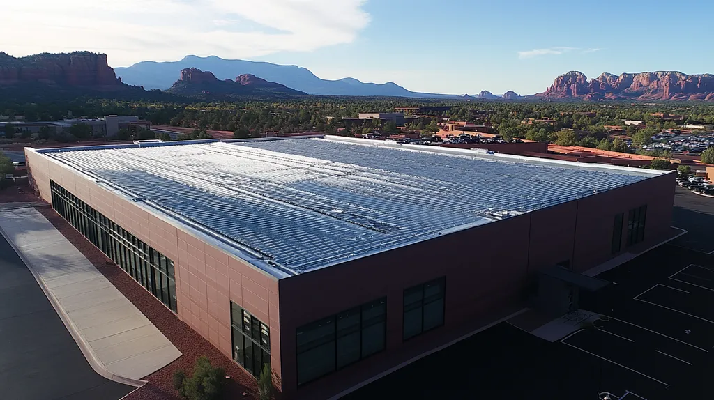 A commercial roof on a data center in a location similar to Sedona with an urban context aesthetic (AI image)