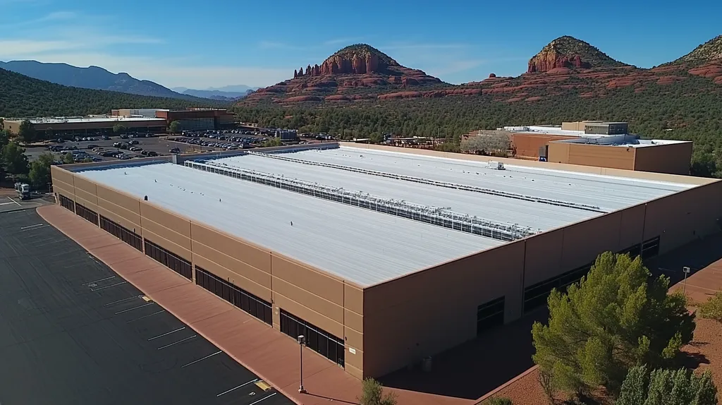 A commercial roof on a data center in a location similar to Sedona with an urban context aesthetic (AI image)