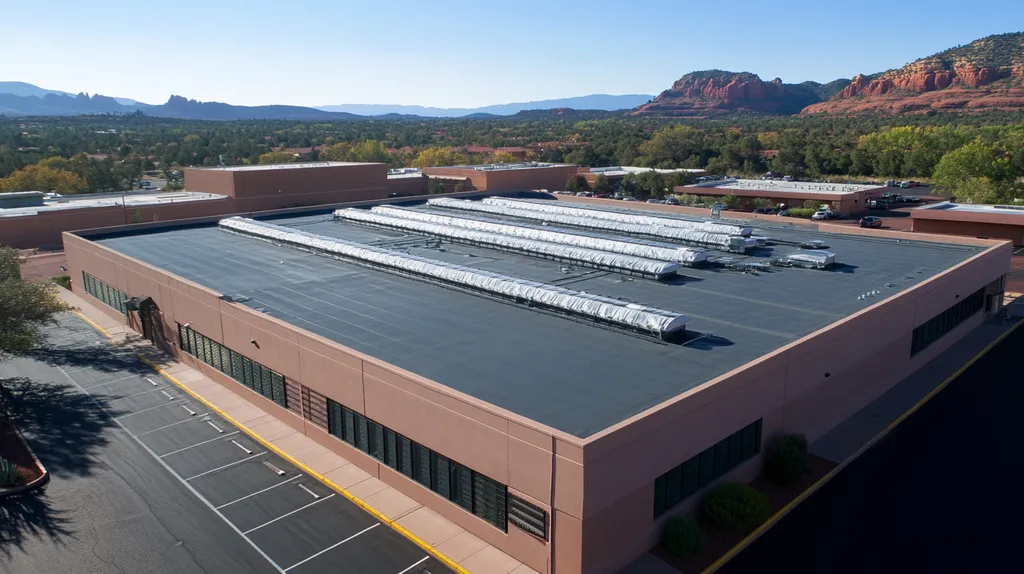 A commercial roof on a data center in a location similar to Sedona with an urban context aesthetic (AI image)