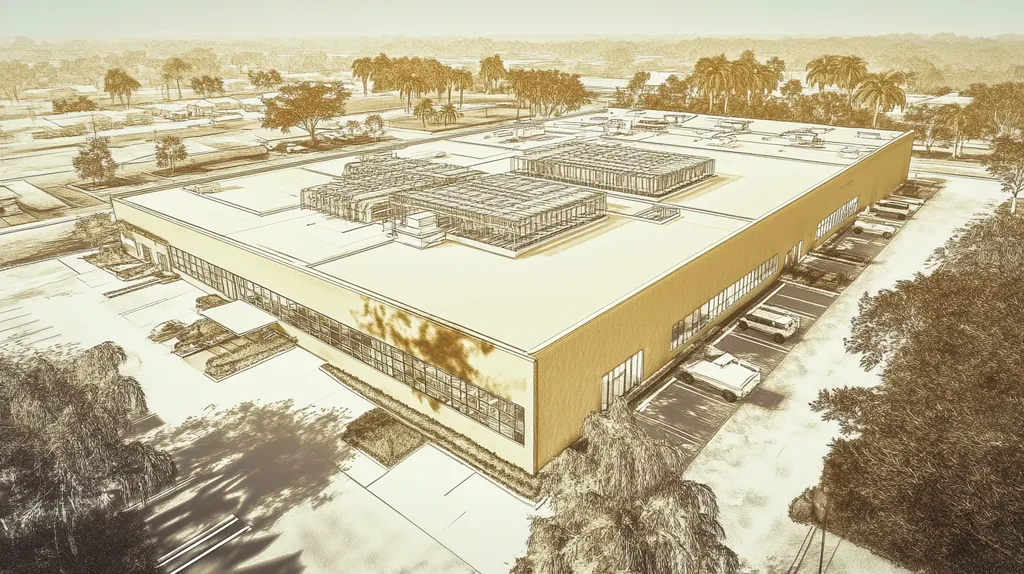 A commercial roof on a data center in a location similar to Tampa with an architectural sketch rendering aesthetic (AI image)