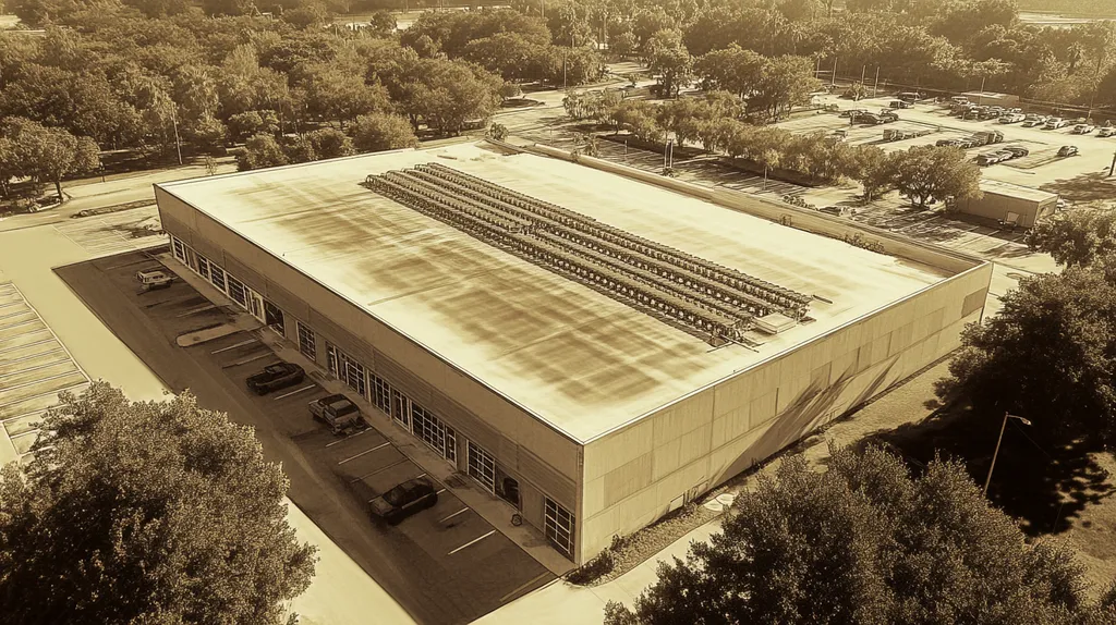A commercial roof on a data center in a location similar to Tampa with an architectural sketch rendering aesthetic (AI image)