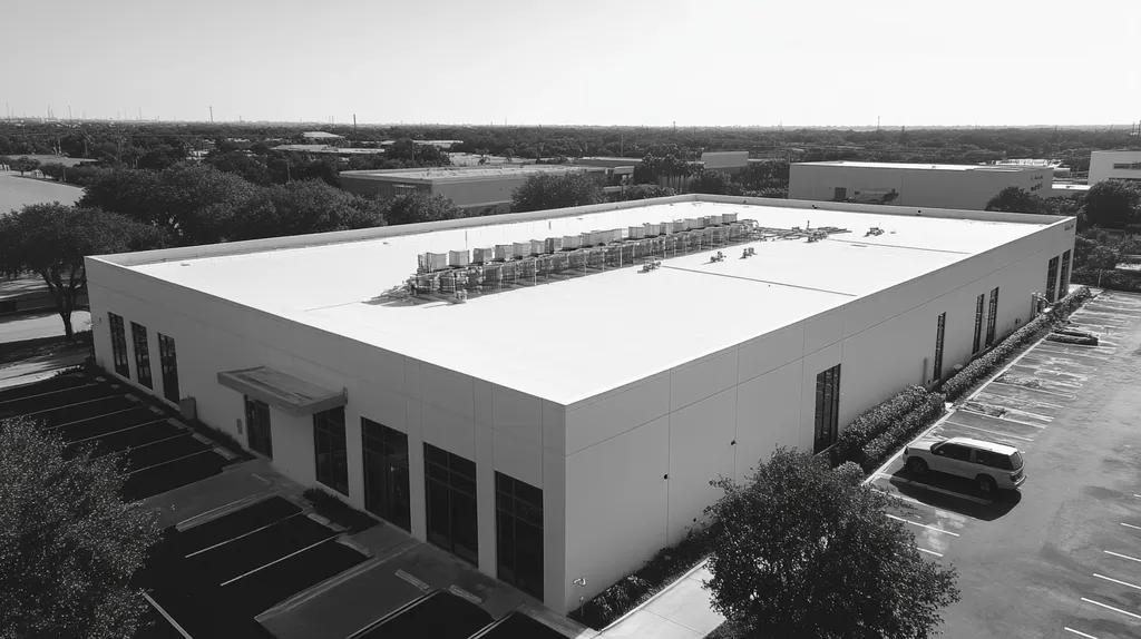 A commercial roof on a data center in a location similar to Tampa with a black-and-white photography aesthetic (AI image)
