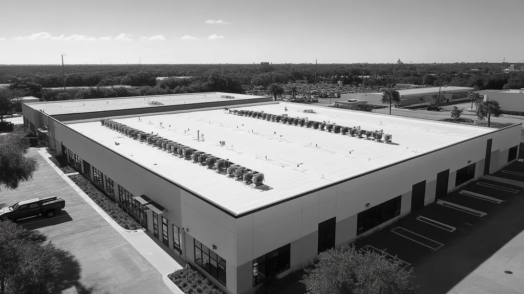 A commercial roof on a data center in a location similar to Tampa with a black and white photography aesthetic (AI image)