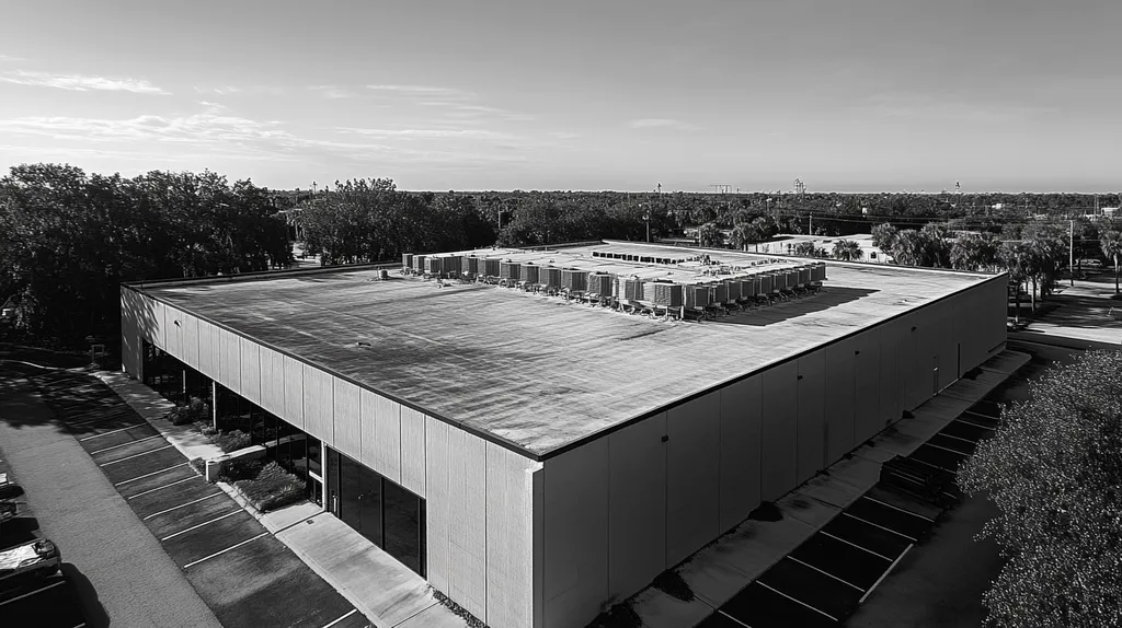 A commercial roof on a data center in a location similar to Tampa with a black and white photography aesthetic (AI image)