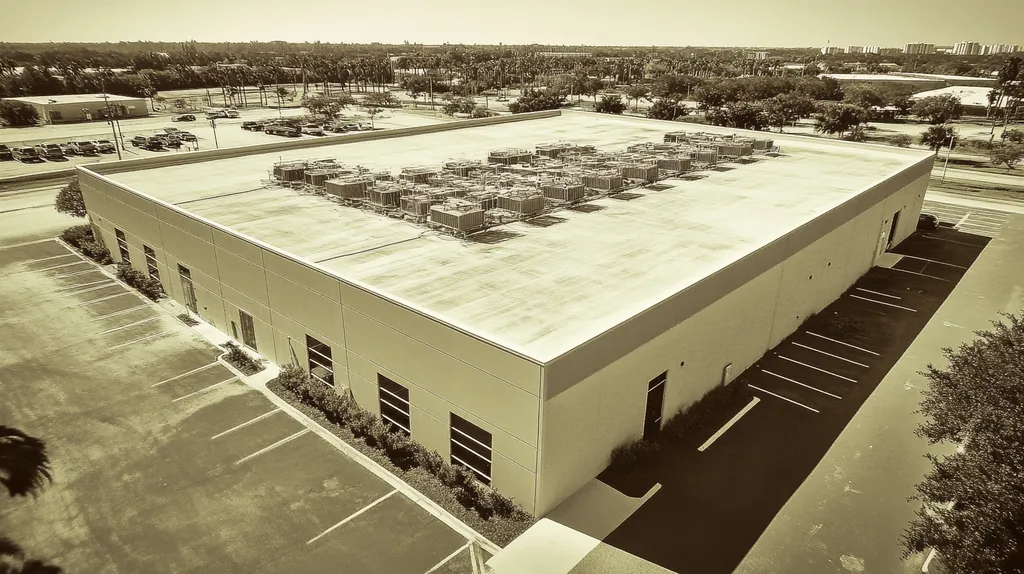 A commercial roof on a data center in a location similar to Tampa with a tintype aesthetic (AI image)