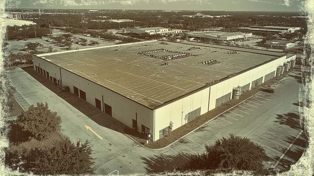 A commercial roof on a data center in a location similar to Tampa with a tintype aesthetic (AI image)