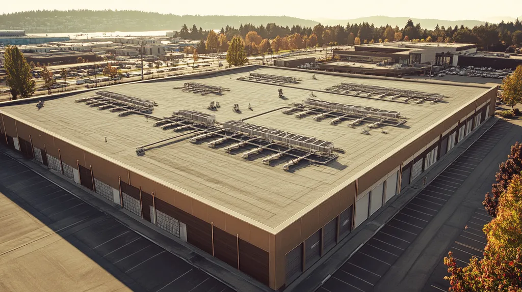A commercial roof on a distribution center in a location similar to Seattle with an architectural sketch rendering aesthetic (AI image)