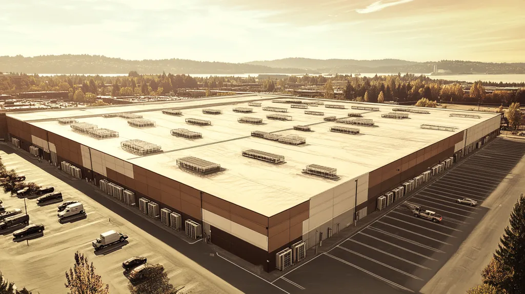 A commercial roof on a distribution center in a location similar to Seattle with an architectural sketch rendering aesthetic (AI image)