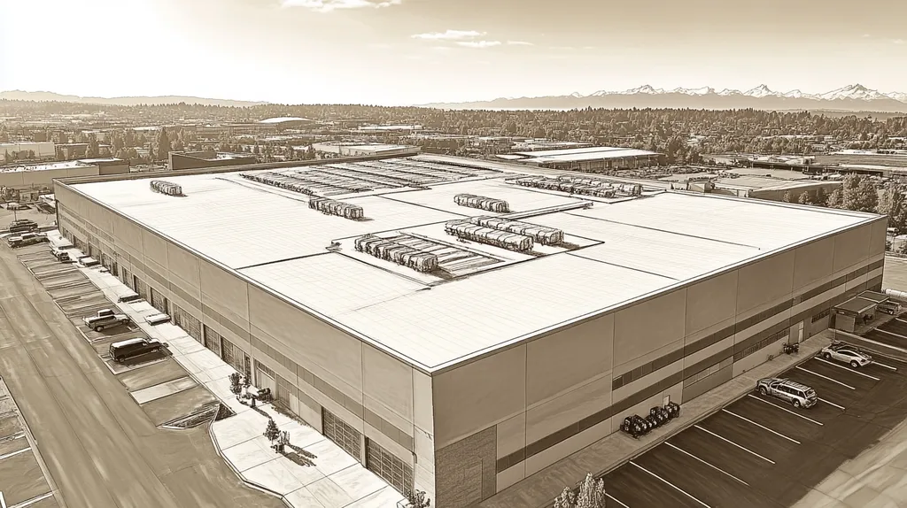 A commercial roof on a distribution center in a location similar to Seattle with an architectural sketch rendering aesthetic (AI image)