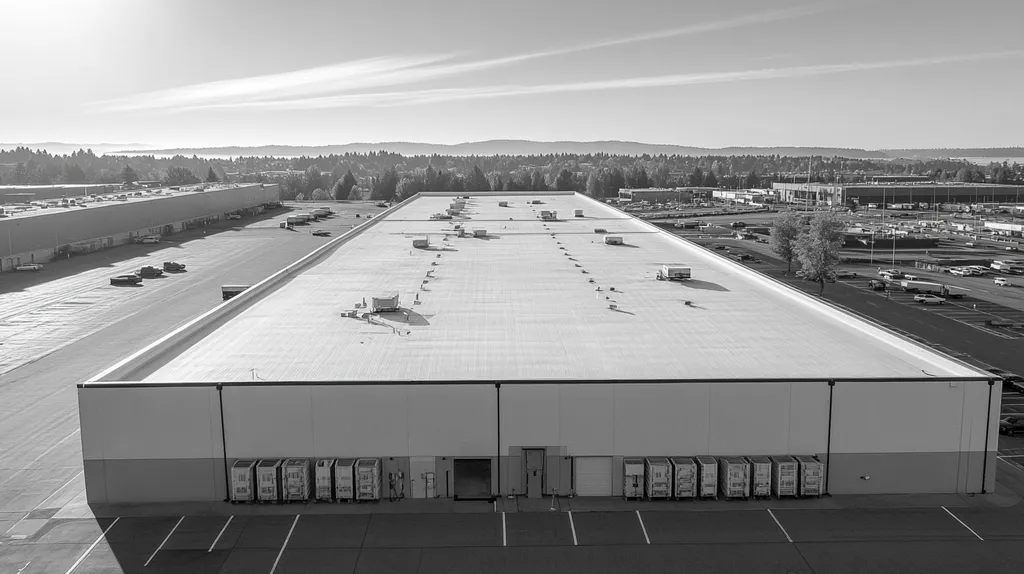 A commercial roof on a distribution center in a location similar to Seattle with a black and white photography aesthetic (AI image)