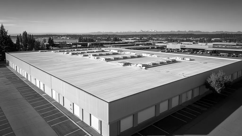 A commercial roof on a distribution center in a location similar to Seattle with a black and white photography aesthetic (AI image)