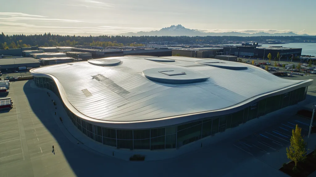 A commercial roof on a distribution center in a location similar to Seattle with a futuristic aesthetic (AI image)