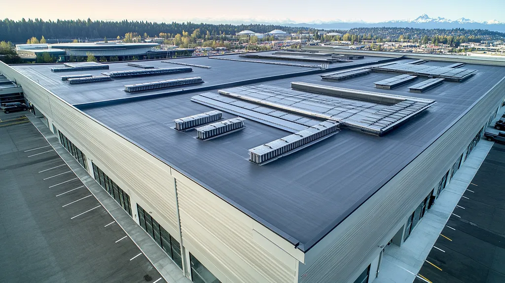 A commercial roof on a distribution center in a location similar to Seattle with a futuristic aesthetic (AI image)