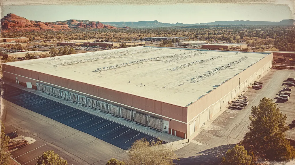 A commercial roof on a distribution center in a location similar to Sedona with a Polaroid aesthetic (AI image)