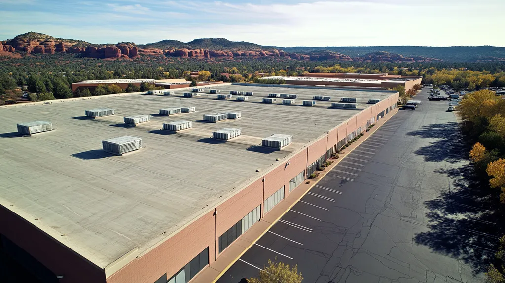 A commercial roof on a distribution center in a location similar to Sedona with a Polaroid aesthetic (AI image)
