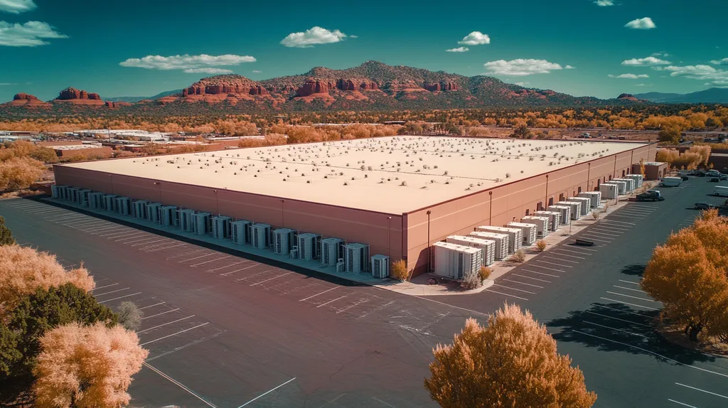 A commercial roof on a distribution center in a location similar to Sedona with an infrared photography aesthetic (AI image)